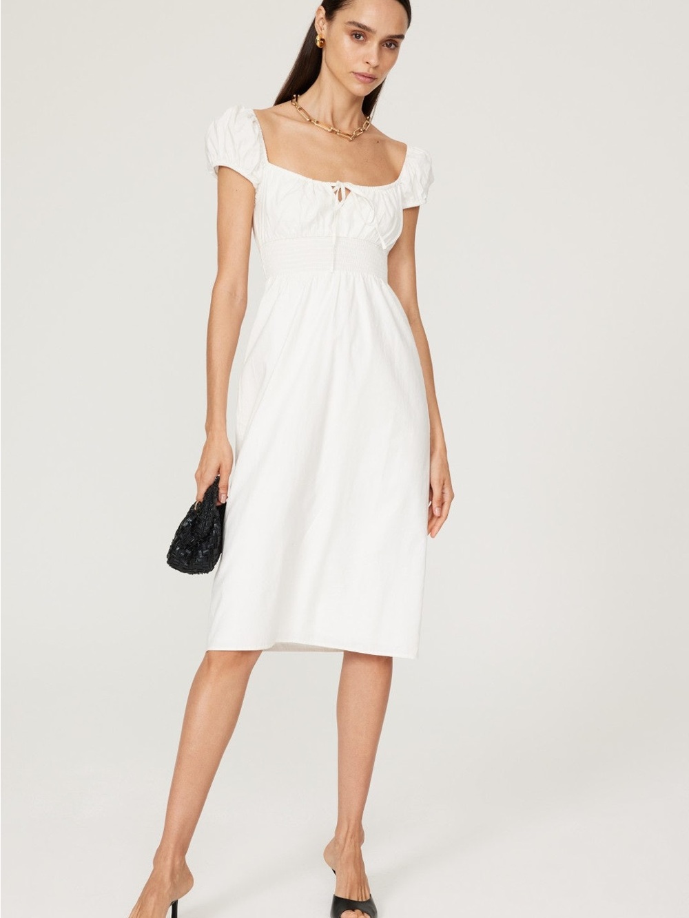 Reformation White Square-Neck Smocked Midi Dress